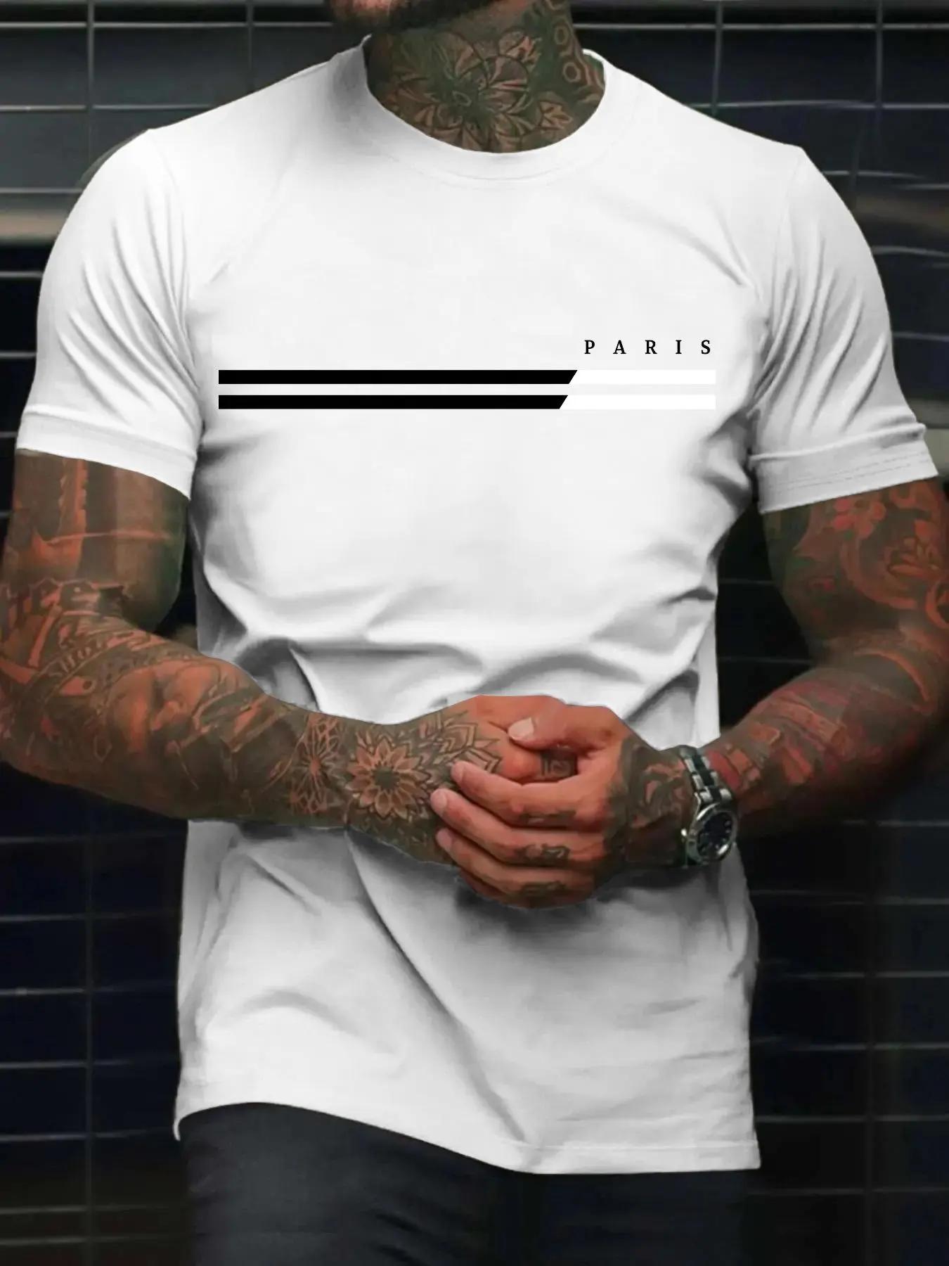 Men's Letter & Striped Print Round Neck Sleep Tee, Casual Soft Comfortable Short Sleeve Sleep Top for All Seasons, Men's  Sleepwear & Loungewear