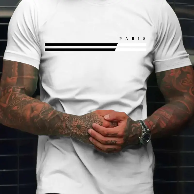 Men's Letter & Striped Print Round Neck Sleep Tee, Casual Soft Comfortable Short Sleeve Sleep Top for All Seasons, Men's  Sleepwear & Loungewear