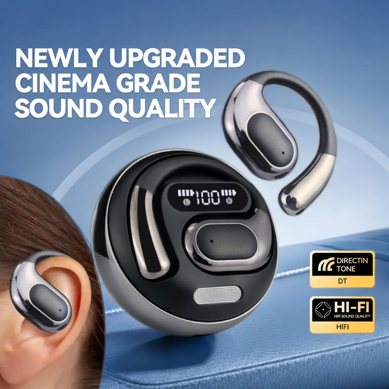 HEARNICE Open Ear Wireless Earbuds, Bluetooth 5.4 Dual Core Clip-On Headphones with LED Digital Display Round Charging Case, Spatial Stereo 0 Latency, Touch Control Type-C Charging Earphones for iPhone Android Gaming Workout, Audio, Lock