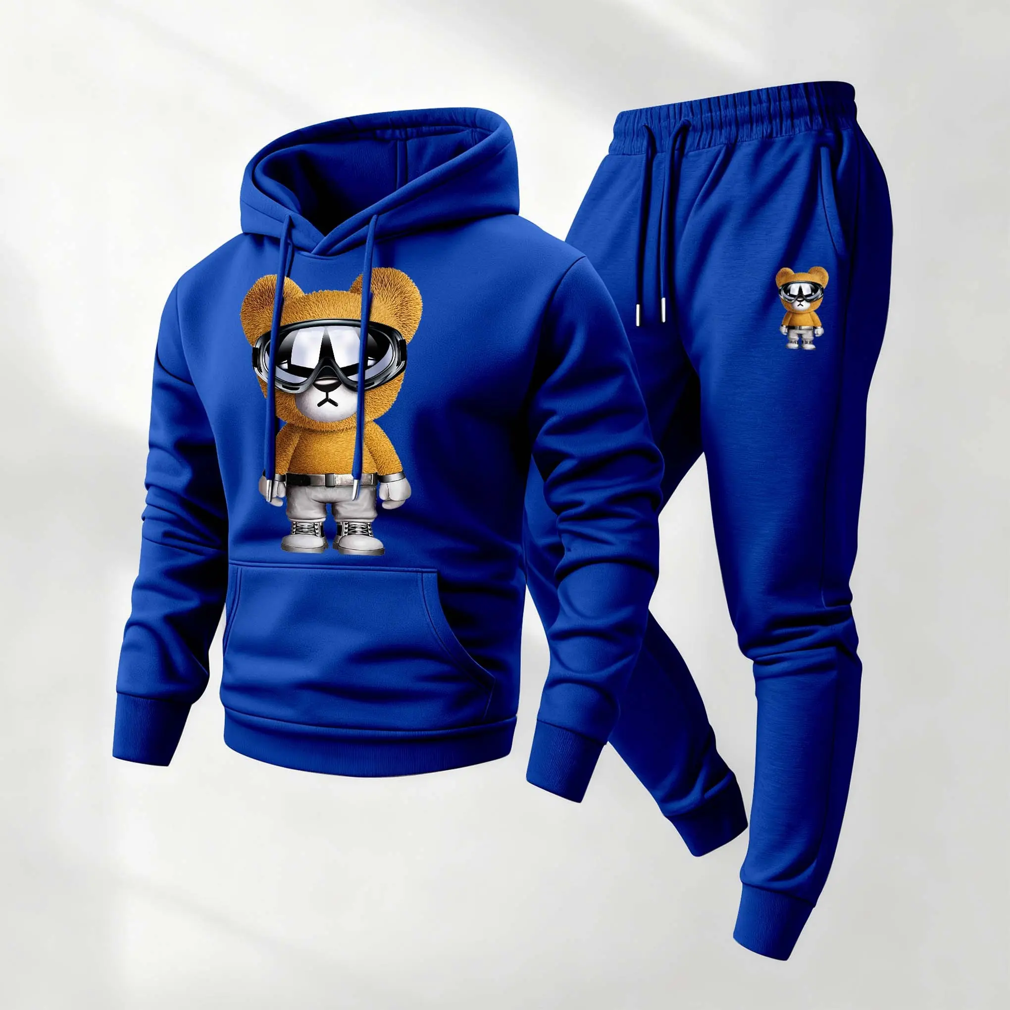 Men's Cute Sports Hip-Hop Bear Sweatpants Set, Menswear, Casual Athletic Long Sleeve Hooded Jacket & Trousers for Fall & Winter, Men's Clothing for Daily Wear, Sportswear Indoor Outdoor, Tracksuit, Athleisure