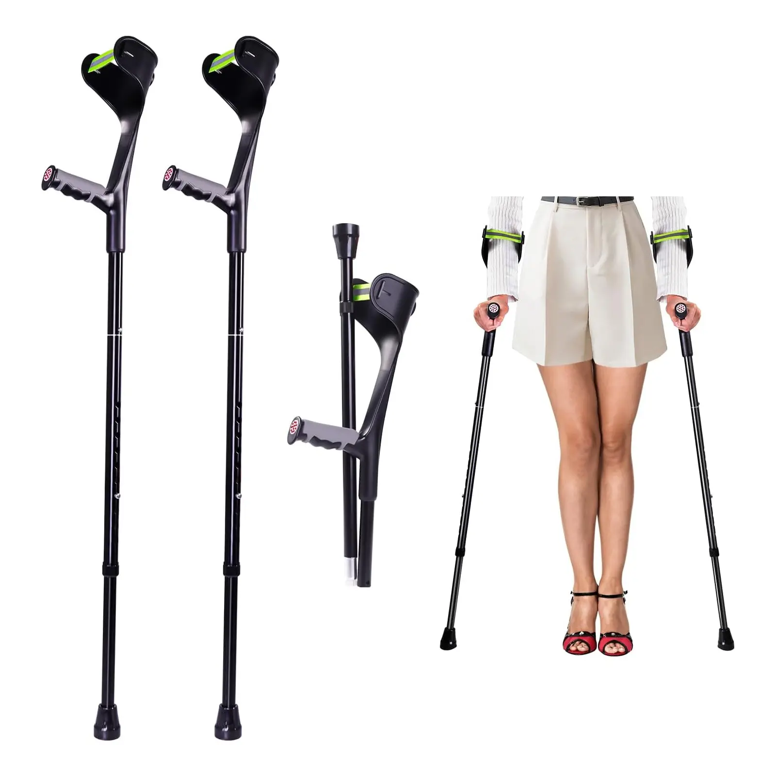 Adults' Folding Forearm Crutches - Lightweight Aluminum Mobility Healthcare Stick, 10-Level Height Adjustable, Non-Slip Rubber Tips, Ergonomic Supportive Arm Cuffs for Daily Walking, Travel, Medical Equipment Tool