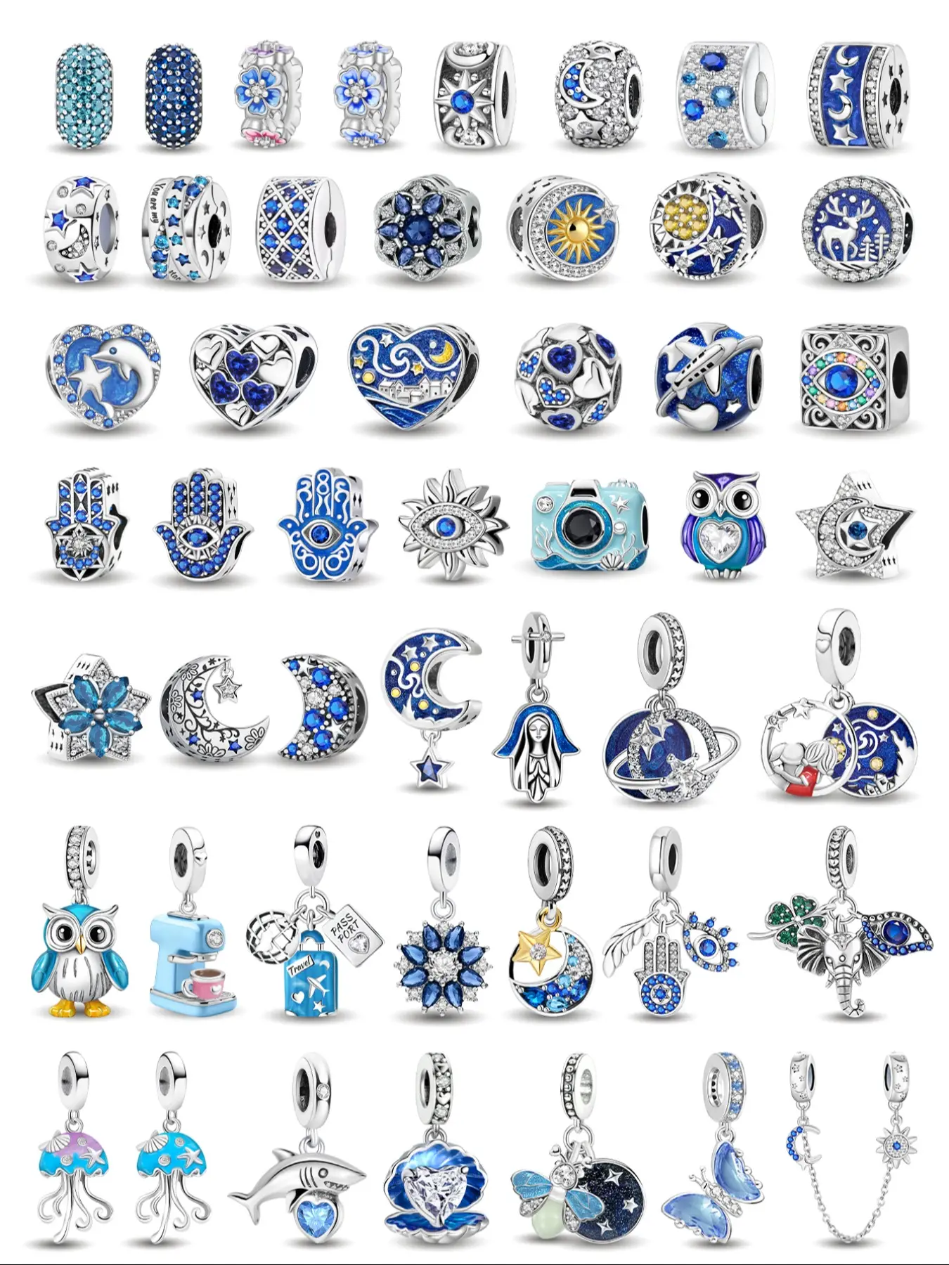 Deep Blue Celestial European Dangle & Spacer Charms, Moon Sun Evil Eye Jellyfish Owl Designs in Silver Tone Copper for Women’s Blue Themed DIY Jewelry Making