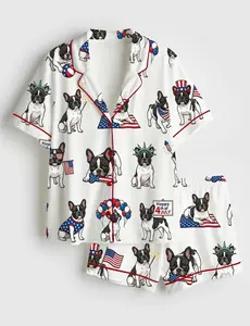 Women’s French Bulldog Pajama Set, Patriotic 4th of July Satin PJs, Dog Lover Sleepwear, USA Gift for Her