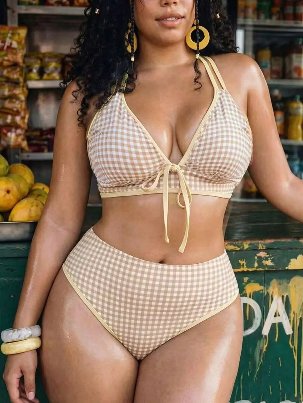 Plus Size Women Plaid Bikini Set High Waist Two Piece Swimsuit Adjustable Strap Modest Beachwear