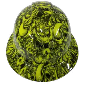 Neon Green Horned Demon Skull - Custom Hydro Dipped Full Brim Hard Hat