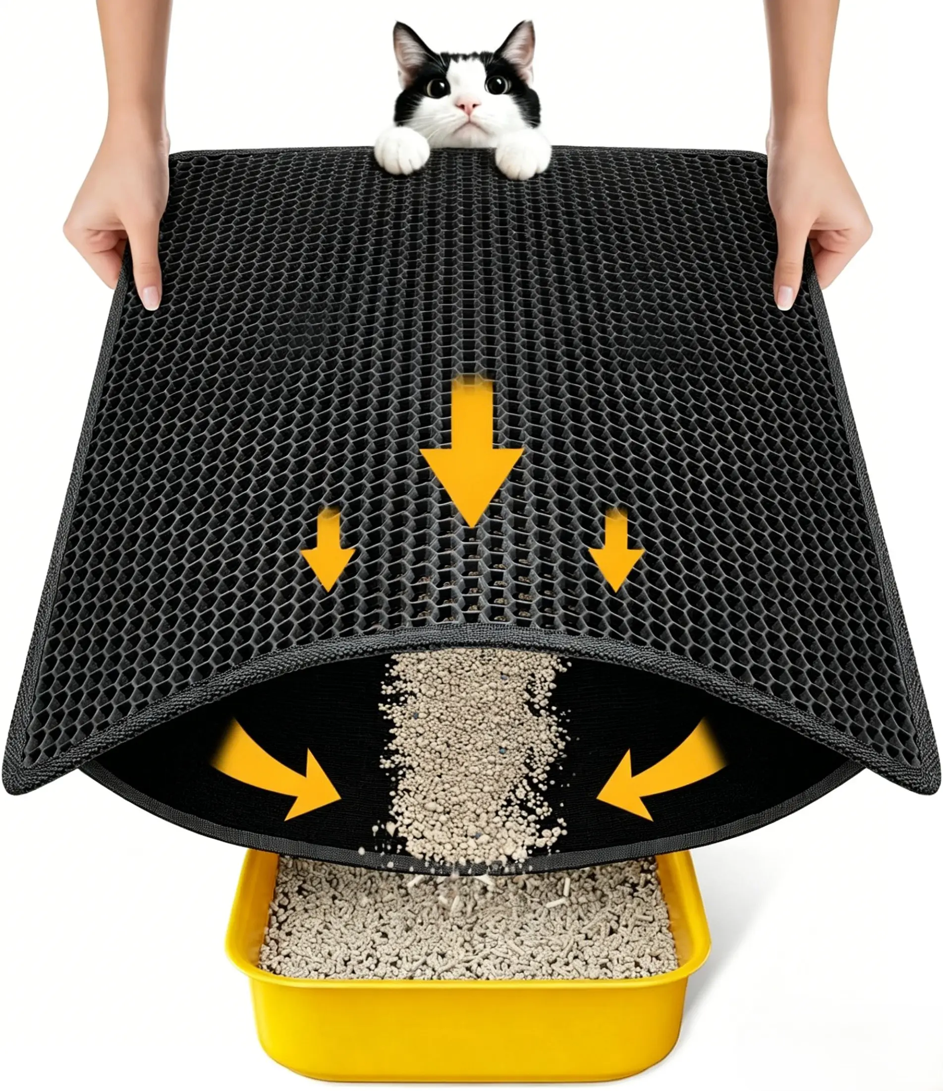 Cat Litter Mat(Black), 36x24 Inches Large Double Layer Honeycomb Cat Litter Trapping Mat, Non Slip Waterproof Urine Proof Cat Litter Box Mat for Floor, Kitty Litter Rug, Cat Supplies