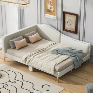Full Size Upholstered Daybed with Headboard and Armrest, Support Legs, Wood Bed Frame, Linen Beige