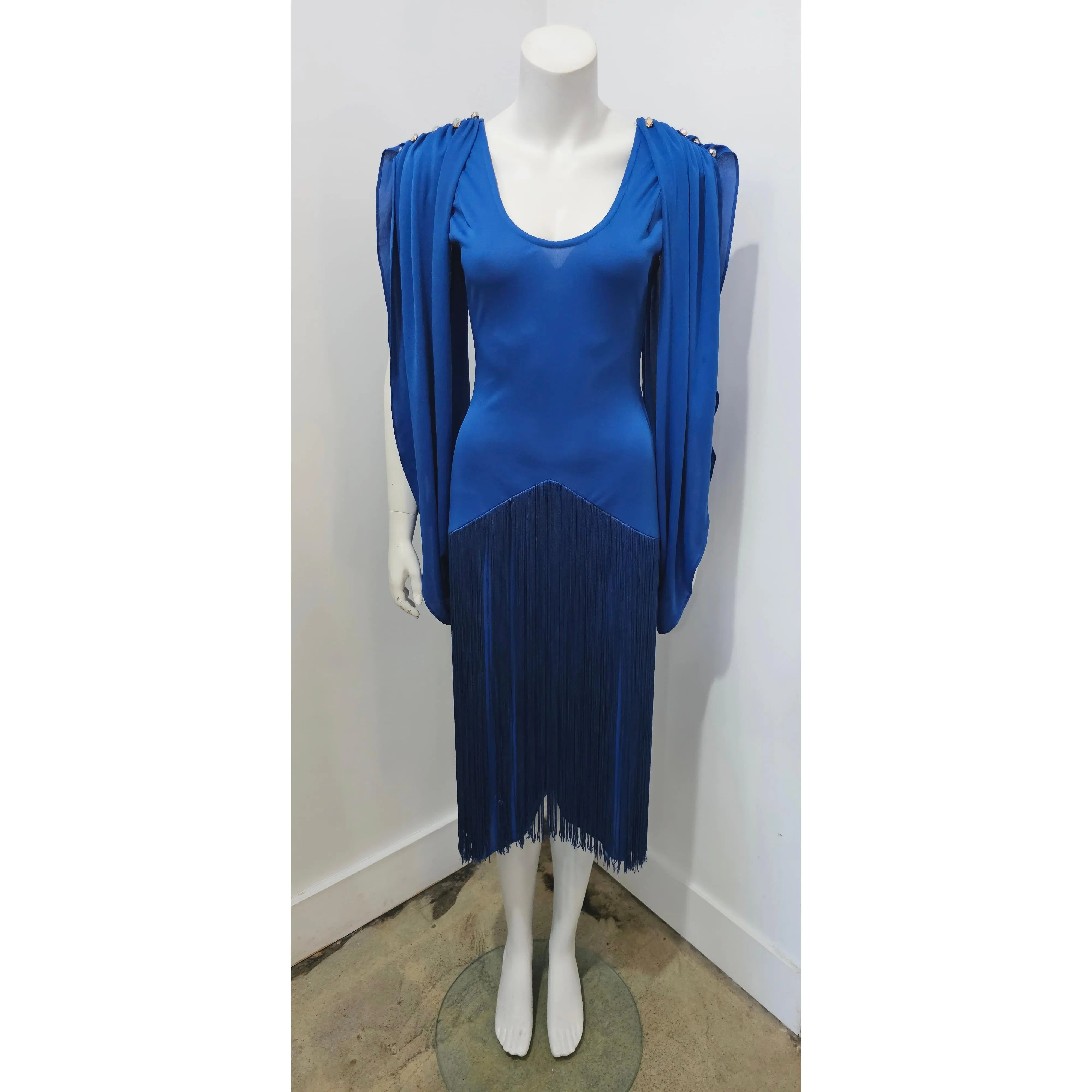 Vintage 70s New Leaf Samir Avant Garde Rhinestone Drape Cowl Sleeve Fringe Hi Low Midi