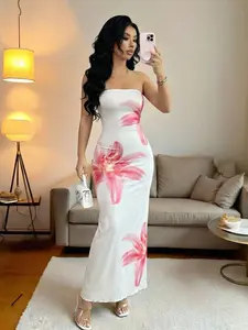 Women's Floral Halter Strapless Sleeveless Long Dress, Sexy Bodycon Wrap Dress Style, Elegant Chic Summer Formal Party Gown, Vacation Beachwear, Tropical Wedding Guest Dress, Womenswear