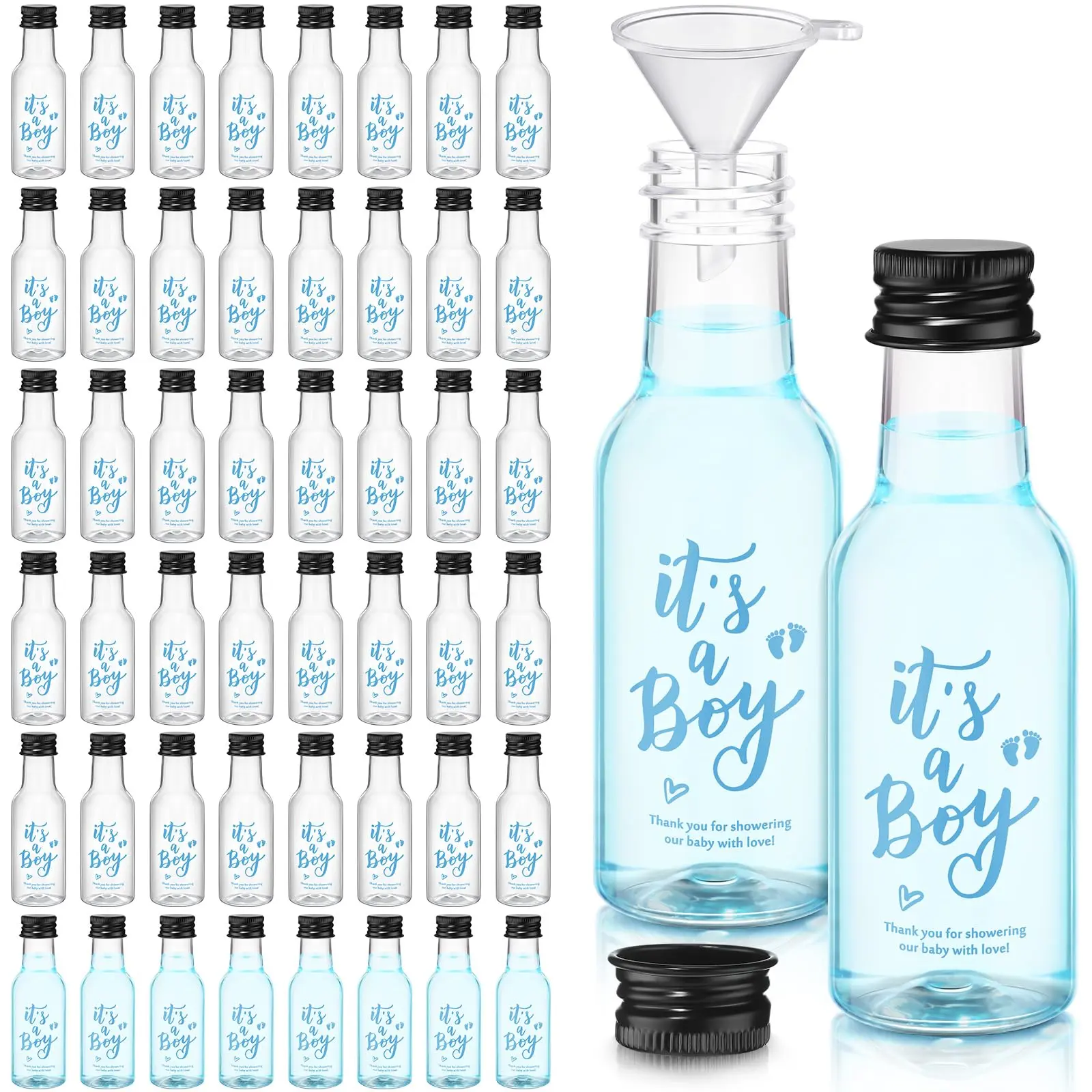 50-Pcs Bulk Set Customizable Decorative Mini Empty Plastic Alcohol Shot Beverage Bottles - 1.7oz It's a Boy DIY Baby Shower Party Favors, with 1 Funnel, Dining Table Printed Text Gender Reveal Customizable Gift