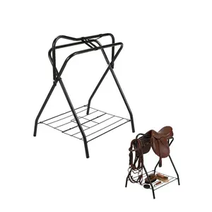 Folding Saddle Rack with Open Shelf, Freestanding Metal Horse Saddle Stand for English & Western Saddles, Portable Tack Storage for Barn, Stable & Trailer, Easy Assembly