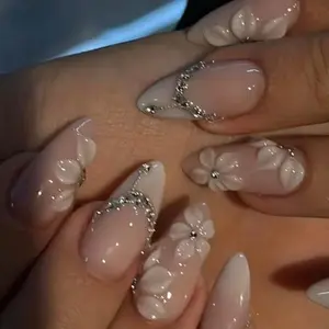 24Pcs White French Tip Press on Nails Medium Almond Fake Nails with Silver Rhinestones with Nude Pink Full Cover Glue on Nails French Designs 3D Flower False Nails Cute Spring Stick on Nails for Women