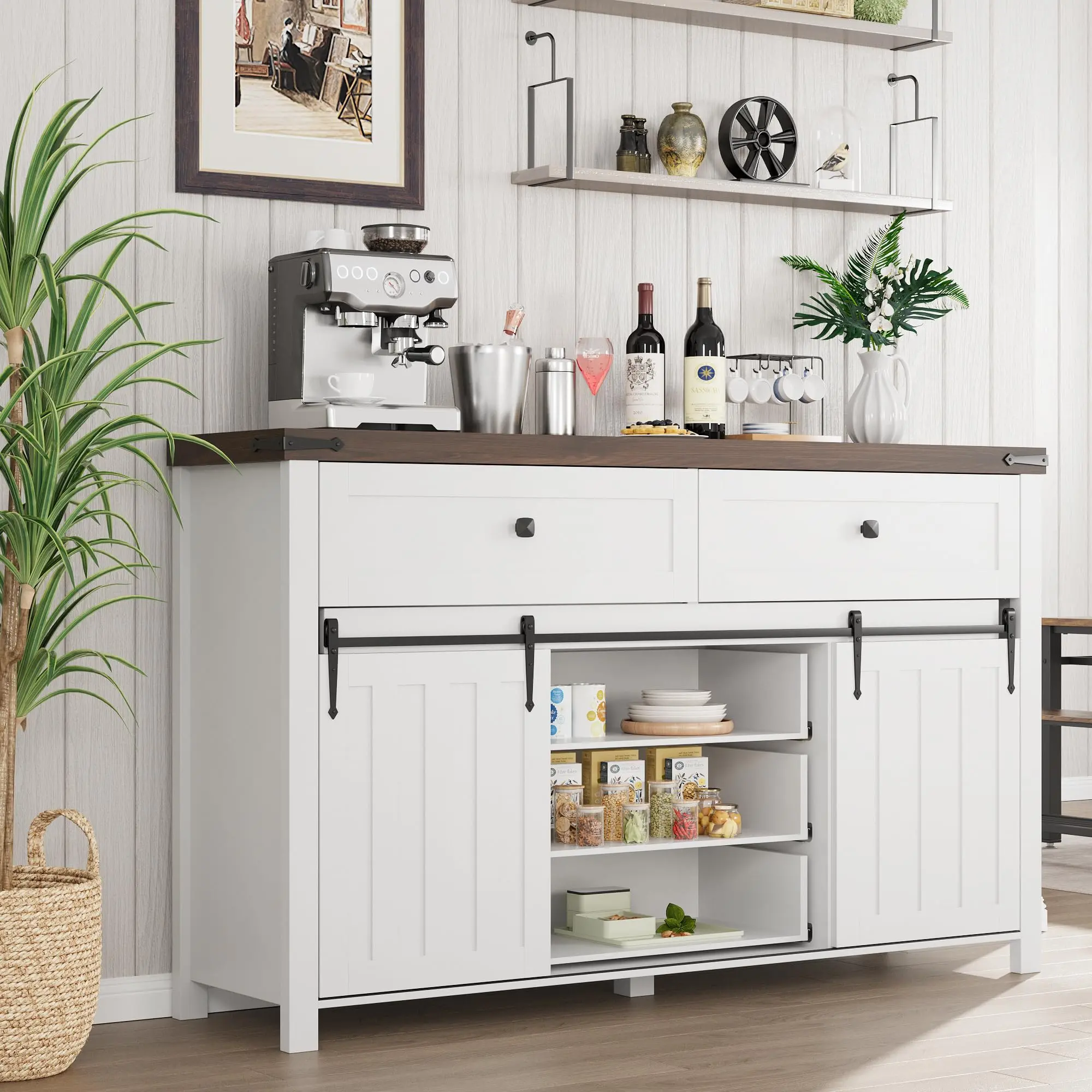 【GARVEE】Farmhouse Buffet Cabinet with Sliding Barn Doors, 5 Drawers, Wooden Storage Sideboard, Coffee Bar Station for Kitchen, Living Room, Dining Room, White Finish