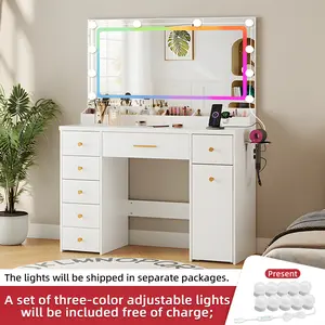【Summervibes】49-inch vanity with a large mirror featuring LED lighting, a mirror with multicolored lighting (includes a set of three-color lights), 7 drawers, and a two-tier pull-out cabinet on wheels; includes power outlets and a hair dryer holder