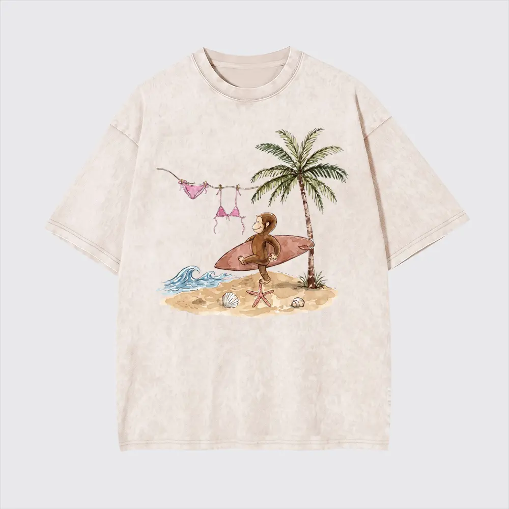 Curious George Surfing Y2K Summer T-Shirt - Vintage Graphic Tee – Menswear & Womenswear – Streetwear Tops – Casual Cotton Crewneck Shortsleeve T-shirtfathers day gift ideas,Vintage Beach Monkey Surf Graphic Washed T Shirt for Men Women