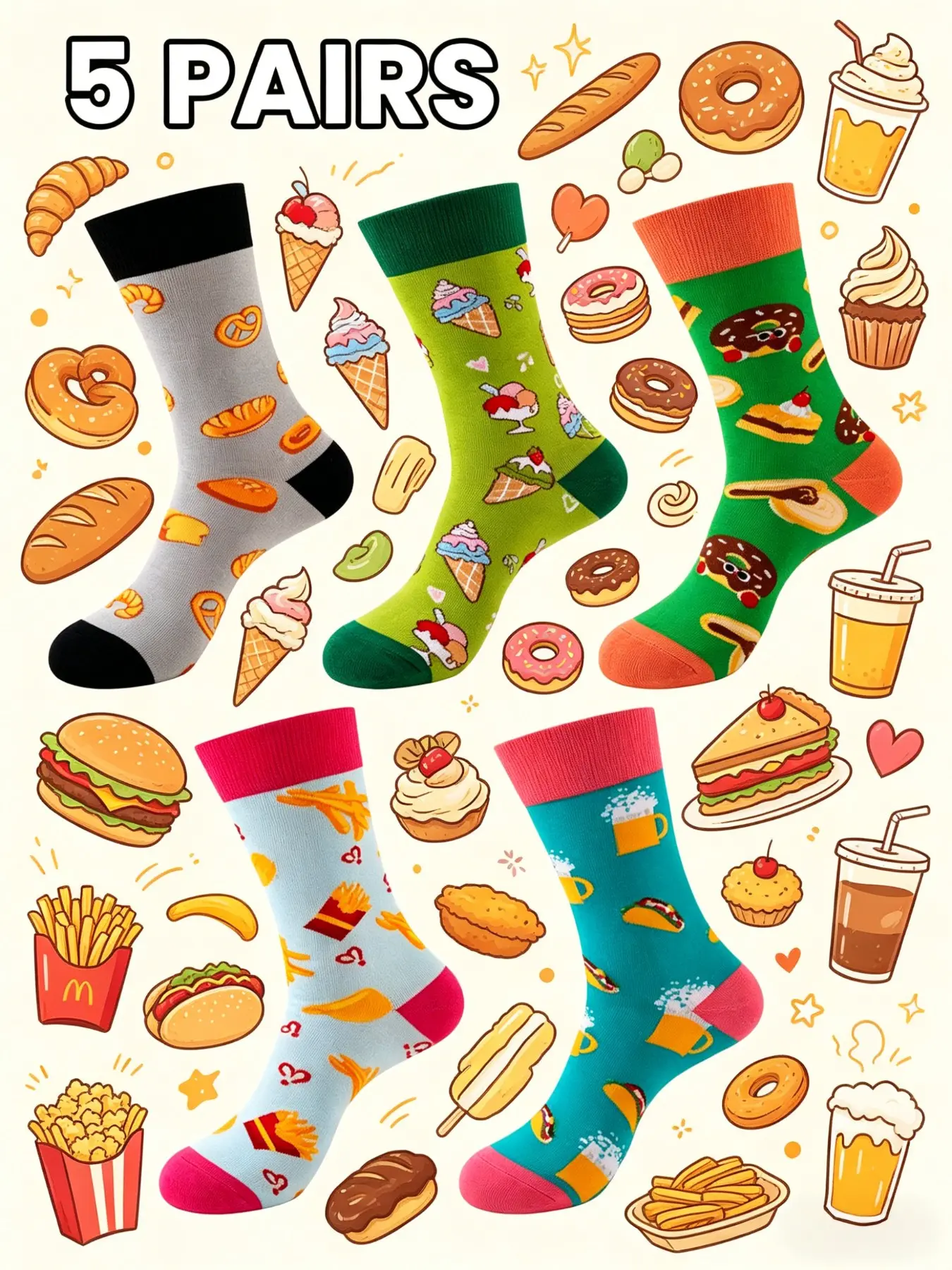 5 Pairs Matching Couple Socks, Sock Sets, Multi-Color Random, All Seasons, Cartoon Food Bread Dessert Fries Print, Fashionable Comfortable Mid-Calf Socks
