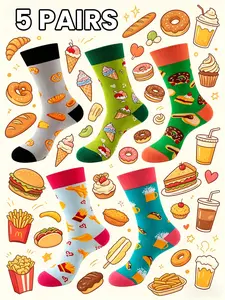 5 Pairs Matching Couple Socks, Multi-Color Random, All Seasons, Cartoon Food Bread Dessert Fries Print, Fashionable Comfortable Mid-Calf Socks