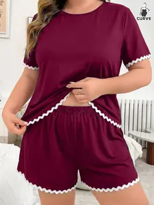 Women's Plus Size Knitted Homewear Set, Pure Color Lace Trim Short Sleeve Top and Shorts Pajama Set, Casual Wearable, Nightwear, Pjs, Pyjamas