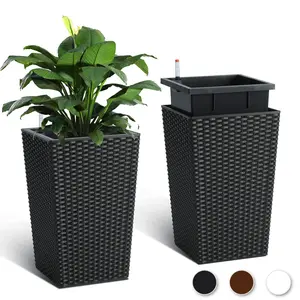 16 in Tall Planter Set of 2 Large Rattan Flower Pot with 2 Trays&a Water Level Monitor & Wheels Outdoor and Indoor for Patio,Porch, Living Room,Black