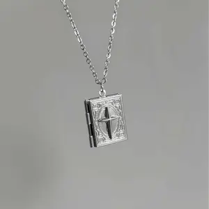 Vintage Cross Star Openable Photo Locket Necklace - Tiny Book-Shaped Memory Box Pendant, Dainty Daily Wear Neck Chain herringbone y2k accessories