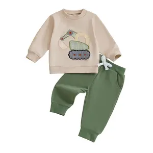 Toddler Kid Baby Boys Fall Winter Outfit Excavator Embroidery Long Sleeve Sweatshirt Tops Elastic Waist Jogger Pants