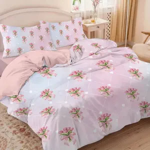 3PCS Romantic Spring Tulip Floral Print Soft Bedding Set, Includes 1 Duvet Cover & 2 Pillowcases Double Size 79" X 79"Quilt Set, Perfect Gift for Girls, Daughter Bedroom Decor