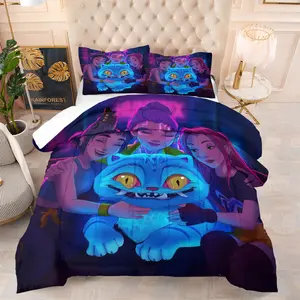 K-Pop Anime Girl Group Printed Comforter Set, Includes 1 Filled Blanket and 1-2 Coreless Pillowcase, Blue Glowing Cute Pet & Girl Group Design, Comfortable Fabric, Bedroom Decoration or Gift for Fans