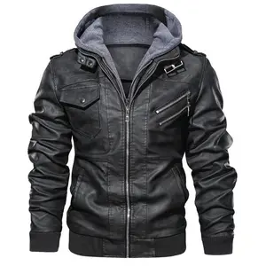 Men's Faux Leather Jacket Stand Up Collar Motorcycle Bomber Jacket with Hood