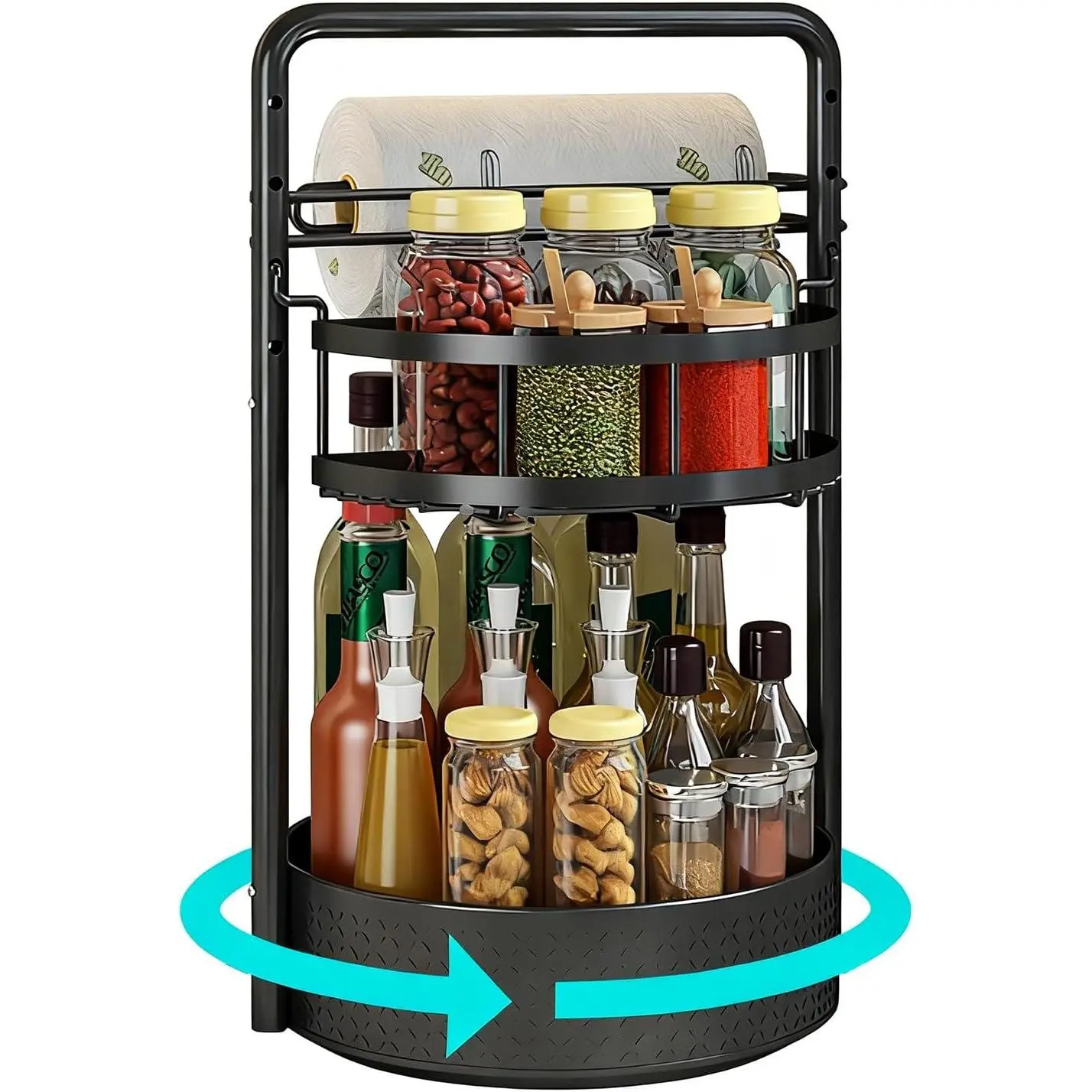 Lazy Susan Organizer, 360 Rotating Metal  Rack with Paper Towel Holder, Turntable  Holder for Condiments, Bottles, Jars, Suit for Kitchen Countertop & Cabinet, Black