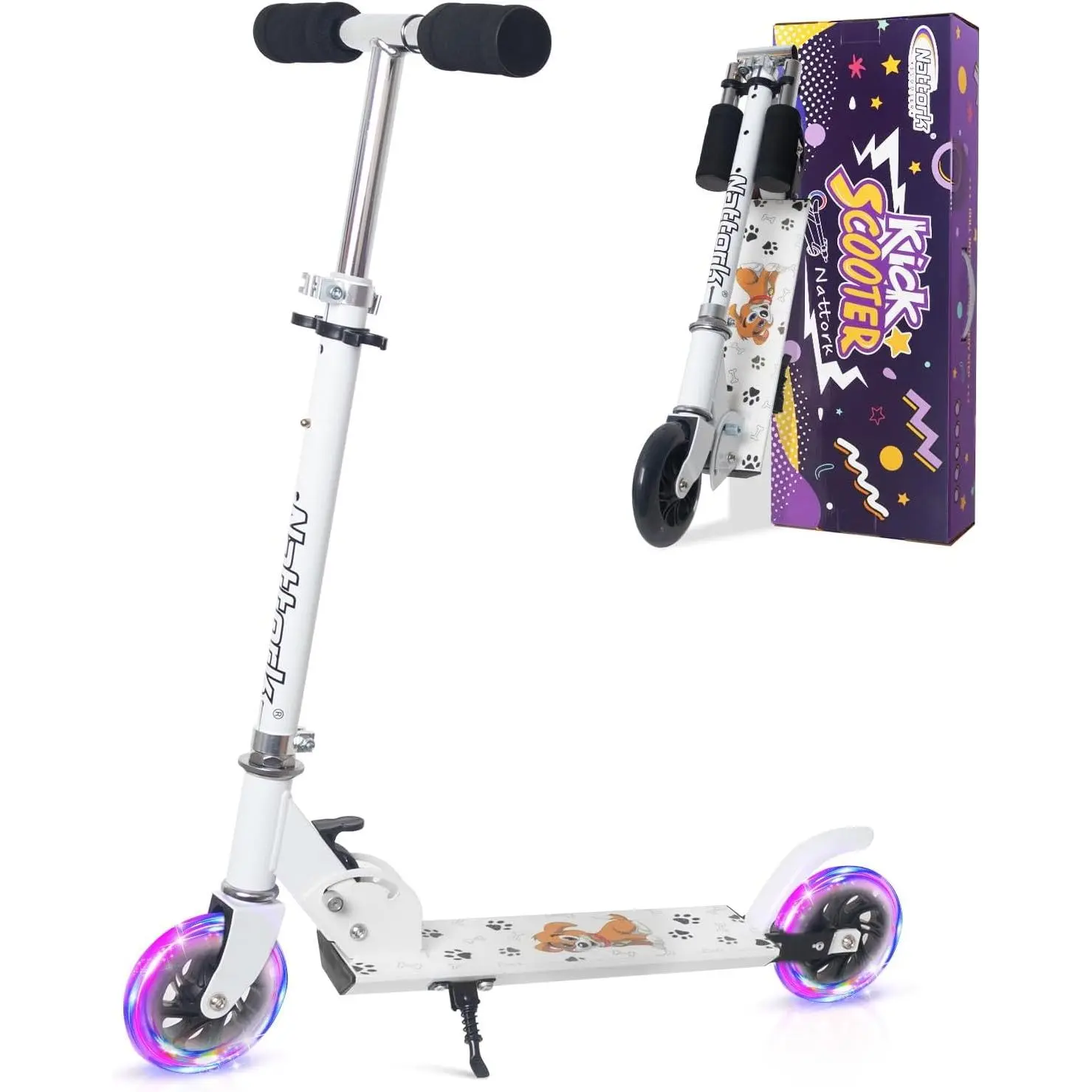 Kids' Foldable Kick Scooter (Ages 3-8) - Light-Up Wheels with Self-Powered Colored Lights, Portable Lightweight, Adjustable Height Handlebars, Shock Reduction System, 110 Lbs Weight Capacity