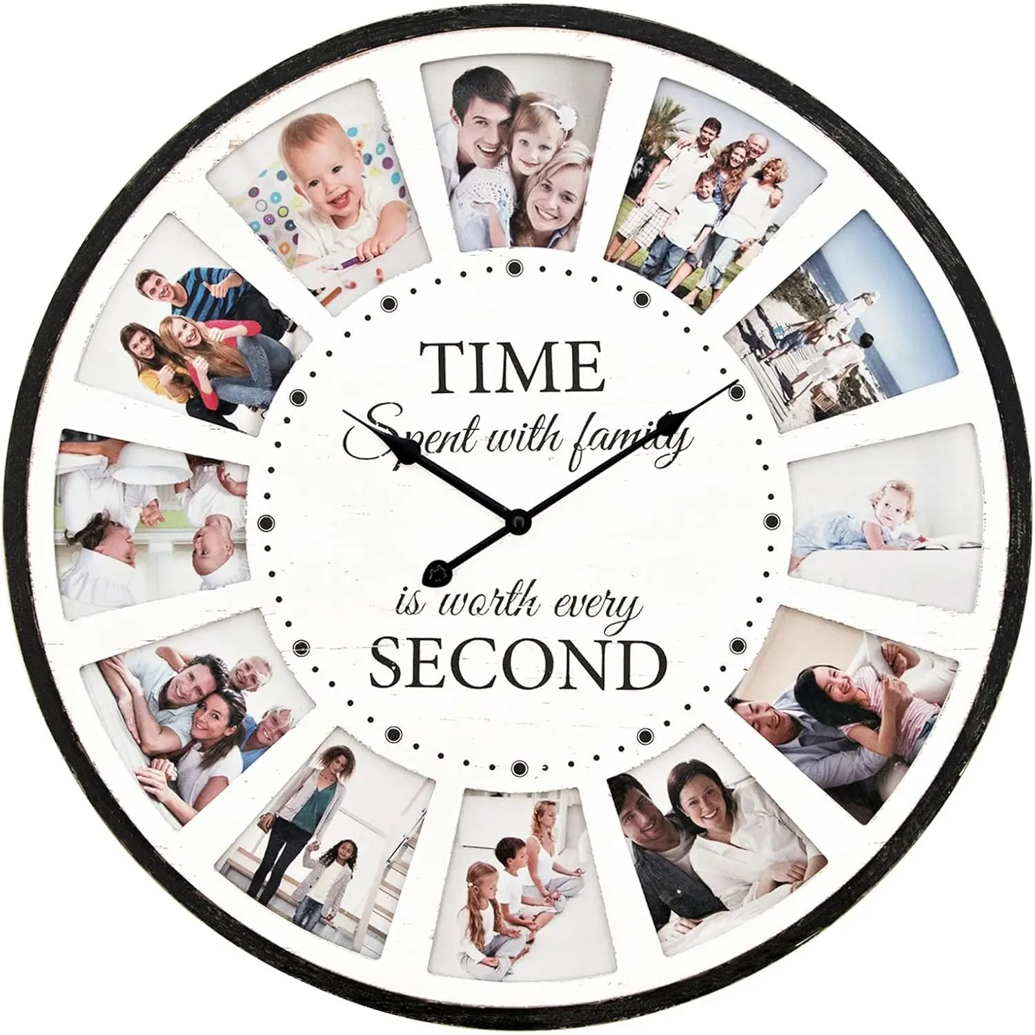 12 Photo Collage Family  Wall Clock, Rustic Farmhouse Wall Clock, Large  Wall Clocks for Home, Kitchen, Living Room, Silent   25 Inch White