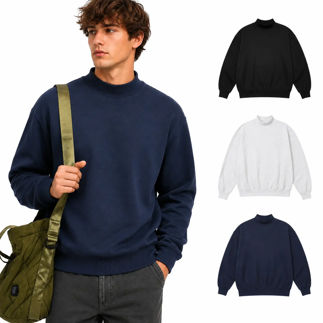 Gihuo Cotton Blend Mock Neck Sweatshirt, Fleece Lined Loose Fit Pullover Top, Unisex Vintage Streetwear Long Sleeve Crewneck Shirt for Fall Winter