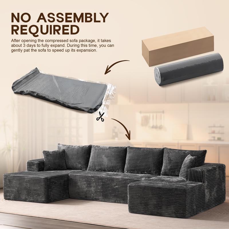 CAODOC Oversized 135" U Shape Cloud Couch Plus Sectional Sofa with Chaise Modern Modular Sofa with 6 Soft Pillows & Lounge Chairs Boneless Upholstered Couches for Living Room Bedroom Plush Corduroy Fabric