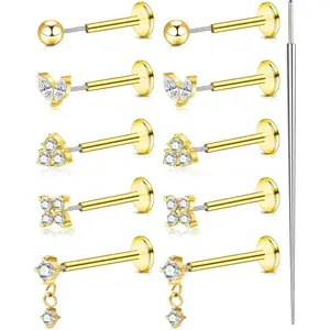 20G 18G 16G Gold Threadless Flat Back Earrings Surgical Steel Push in Nose Stud Rings 18K Gold Plated Hypoallergenic Cartilage Earring Set Helix Conch Medusa Tragus Piercing Jewelry for Women