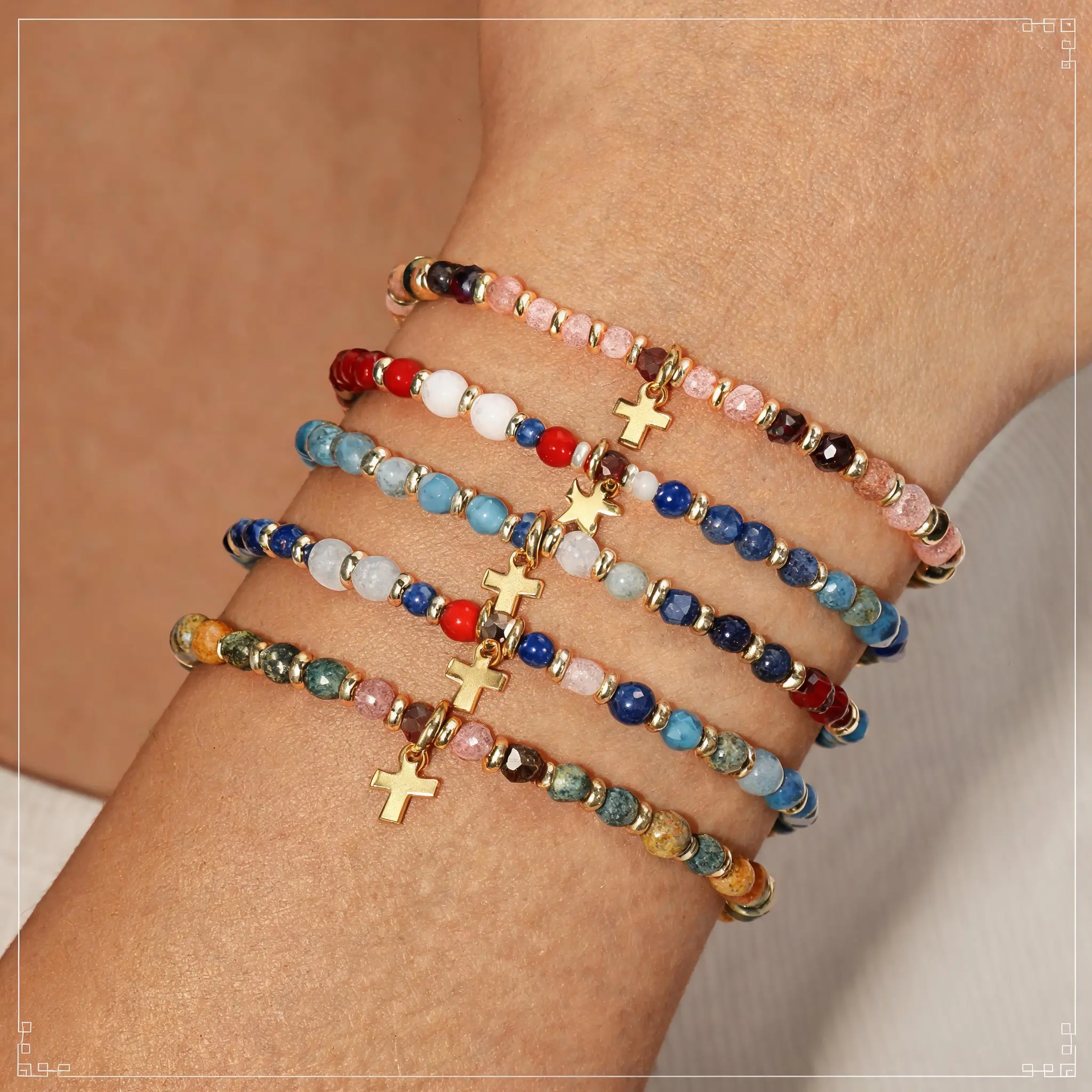 Natural Crystal Bracelet 4mm, Rhodochrosite & Blue Chalcedony Gold Beaded Bracelet, Cross Charm Spiritual Jewelry, Boho Chic Summer Outfit Accessory, Layering Stack Bracelet, Everyday Wellness Gift for Her