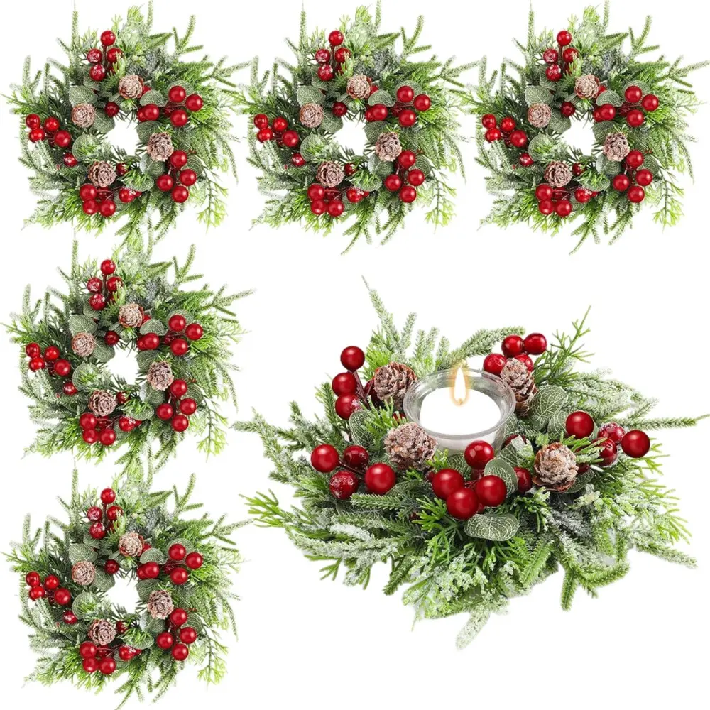 Christmas Candle Ring Wreath Set of 6, Mini Artificial Berry Pinecone, Holiday Winter Decorations for Pillars, Kitchen Cabinets, Table Centers