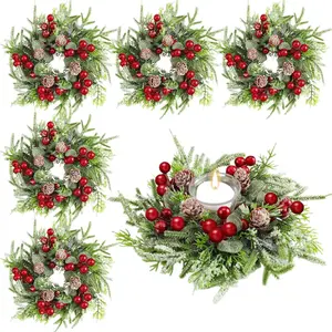 Christmas Candle Ring Wreath Set of 6, Mini Artificial Berry Pinecone, Holiday Winter Decorations for Pillars, Kitchen Cabinets, Table Centers