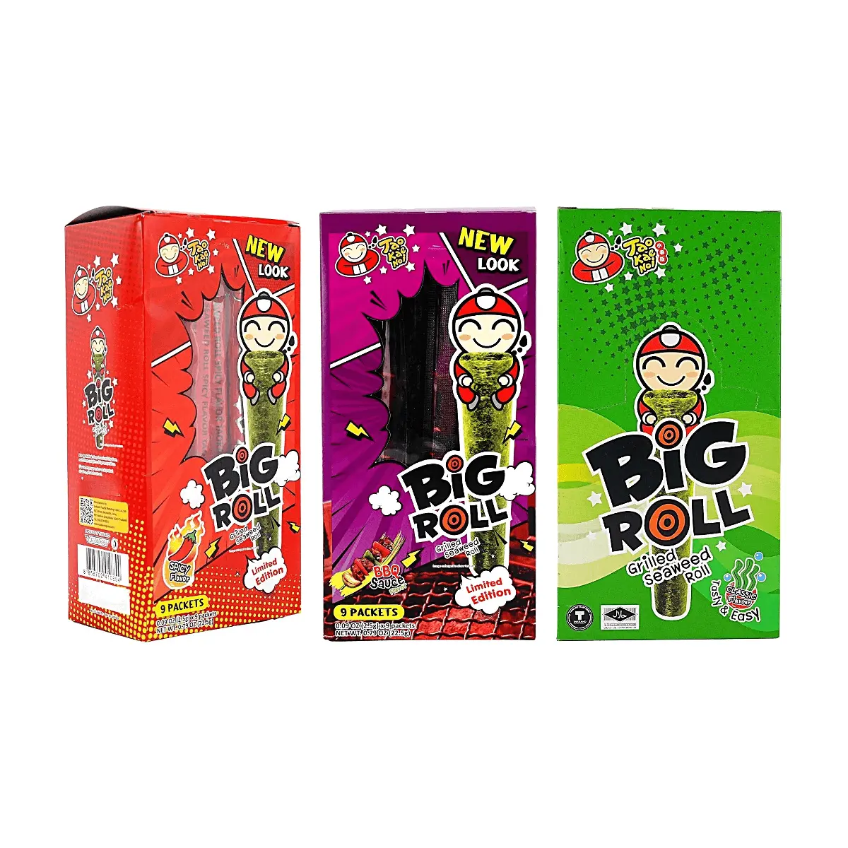 TAO KAE NOI BIG ROLL Seaweed Snacks - 3 Flavors Combo Pack (Spicy, BBQ, Original) - Crispy Roasted Seaweed Rolls, 75g