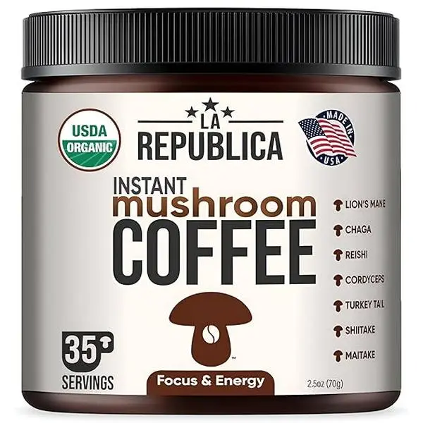 La Republica Instant Mushroom Coffee Organic (35 Servings), 100% Arabica Coffee with Full-Fruiting Lion's Mane, Reishi, Chaga, Cordyceps, Shiitake, Maitake, Turkey Tail Beverage