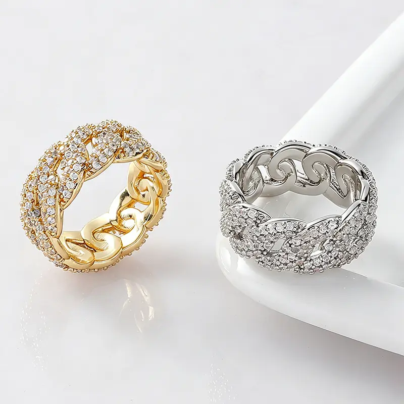 QUEENDO Adjustable Sizes Iced Out Interlocking Links Stainless Steel Wide Band Ring - Fully Paved Stones, Geometric Figure Design, Hip Hop Stackable, 2-Color Gold & Silver, Everyday Wear Casual Party Costume Jewelry Gift