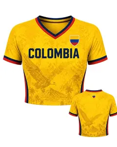 Colombia Football Crop Top Jersey - Women's Yellow Soccer Shirt Fan Apparel, V-Neck Bird's Eye Pique Cropped Sportswear