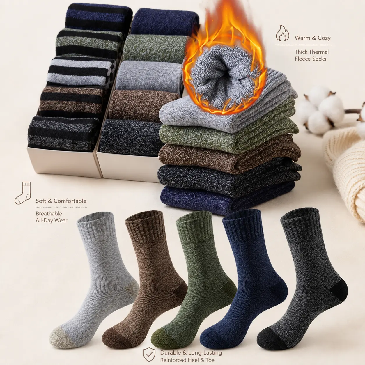 Men's 5-Pair Merino Wool Socks Set, Thick Thermal Soft Comfy Socks with Black+Grey+Coffee+Blue+Green Colors, Chilly-Day Shield Cozy Wool Warmth for Hiking & Outdoor Work
