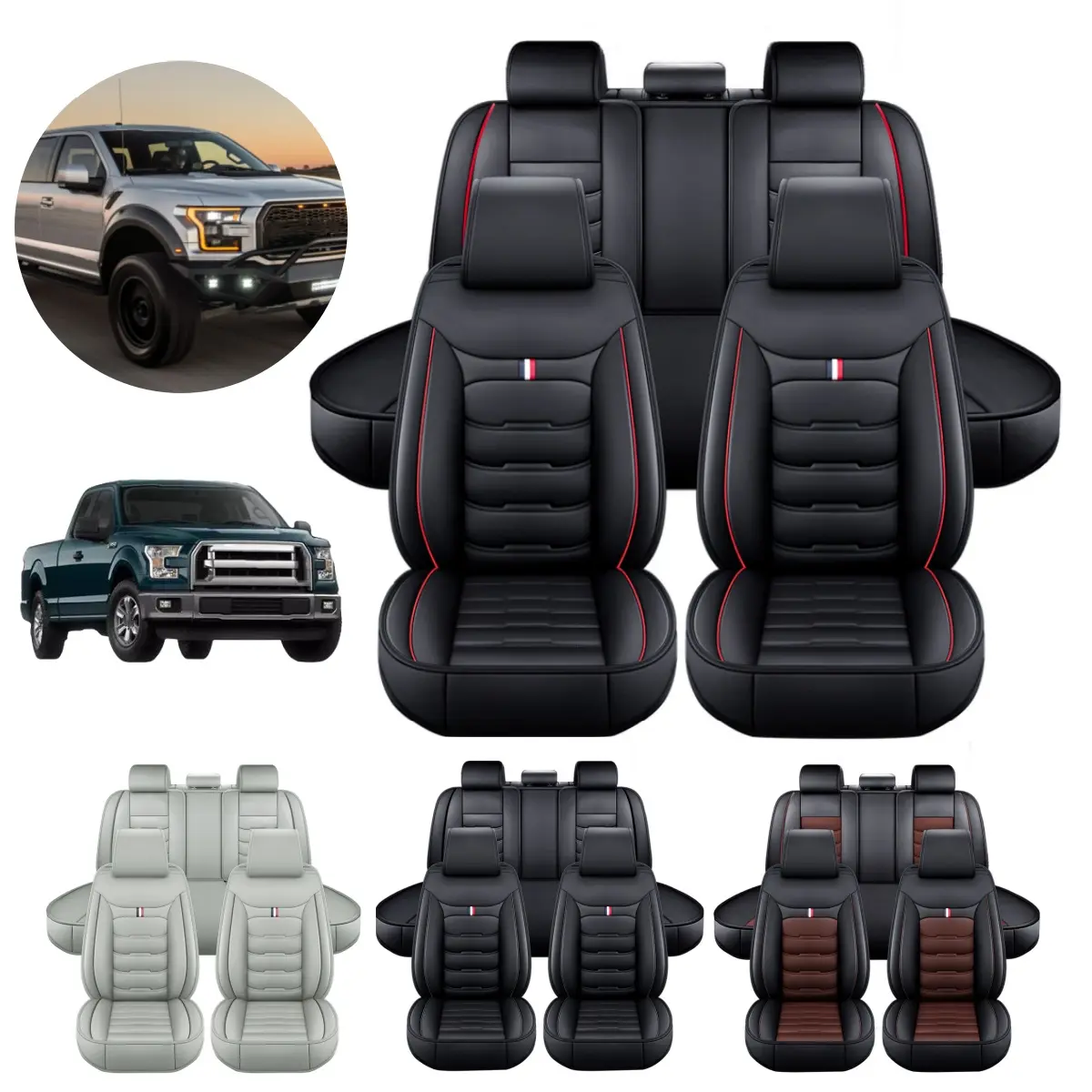 Fits For Ford F150 F250 F350 F450 2009~2023 Pick-up Car Truck 5 Seat Covers PU Leather Front Rear Cushion Pad Protector Anti-Slip Mat Decoration Waterproof - For Mother Father Lover Friend Christmas Valentine Gift