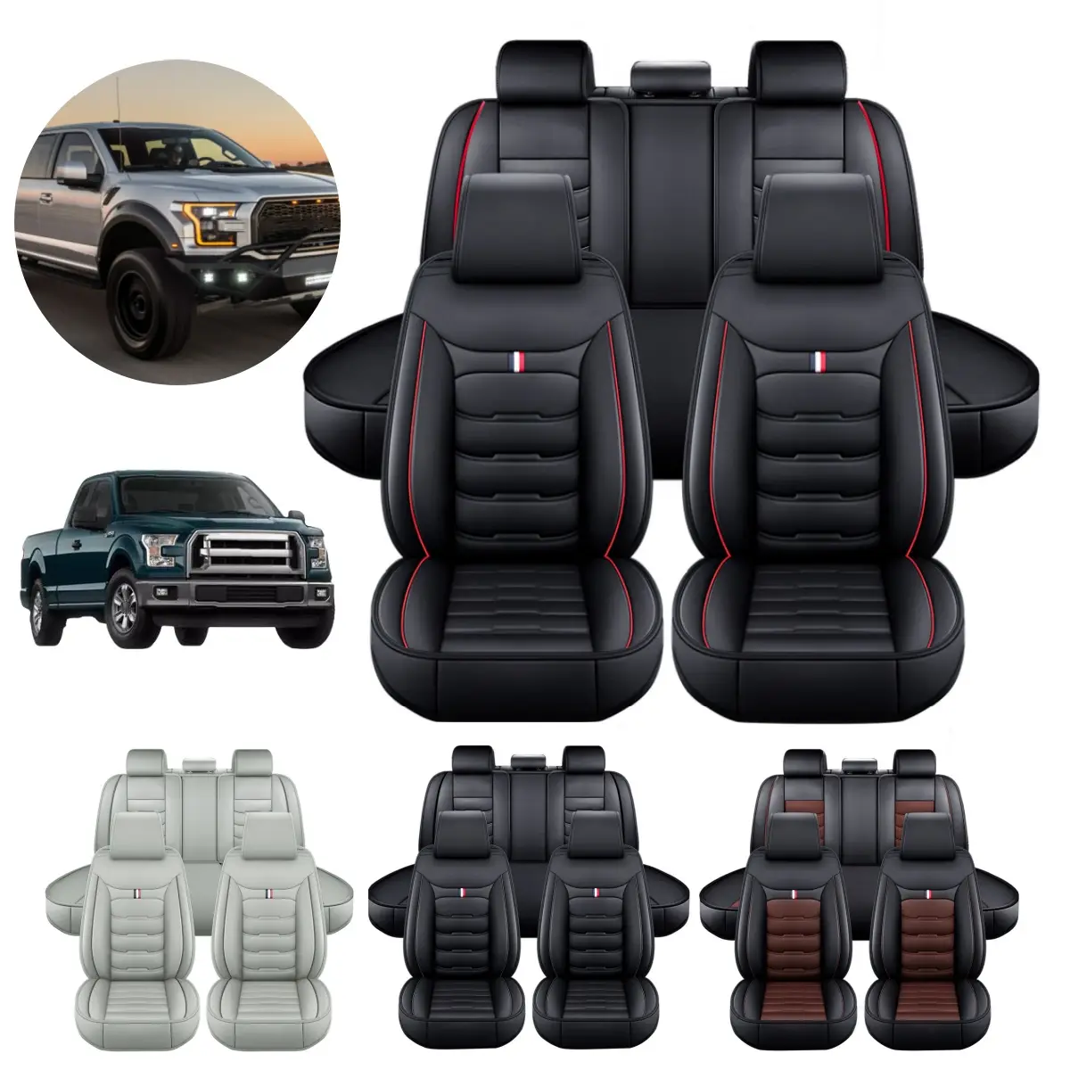 Fits For Ford F150 F250 F350 F450 2009~2023 Pick-up Car Truck 5 Seat Covers PU Leather Front Rear Cushion Pad Protector Anti-Slip Mat Decoration Water