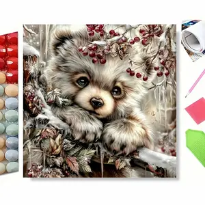 Christmas Baby Bear 5D Diamond Painting Kit, Full Drill Rhinestone Craft, DIY Winter Forest Diamond Art with Snow & Red Berries, Ideal Holiday Gift for Family & Friends, Premium Home Wall Decor for Living Room Bedroom