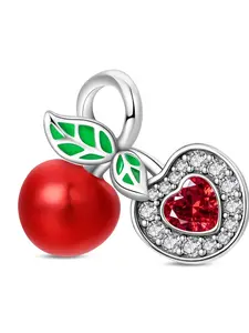 Cherry & Heart Dangle Charm, Ruby & Leaf Enamel, Cute Fruit Jewelry for Pandora Bracelet, Elegant Accessory for Women