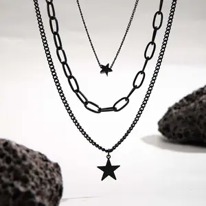 Black five-pointed star double-layer necklace for men and women as daily gifts
