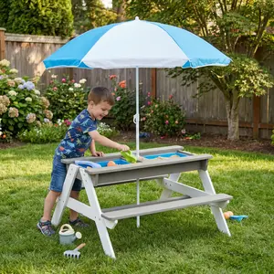3-in-1 Kids Outdoor Wooden Picnic Table With Umbrella, Convertible Sand & Water, Gray ASTM & CPSIA CERTIFICATION