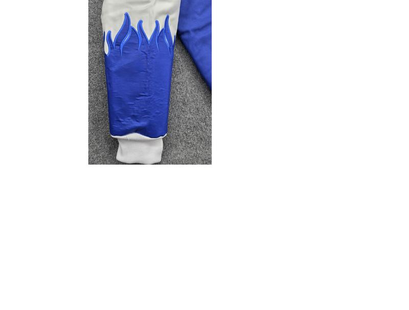 Zeta Phi Beta Flame Race Jacket - Women's Royal Blue & White Varsity Bomber with Embroidered Logo & Flame Graphics