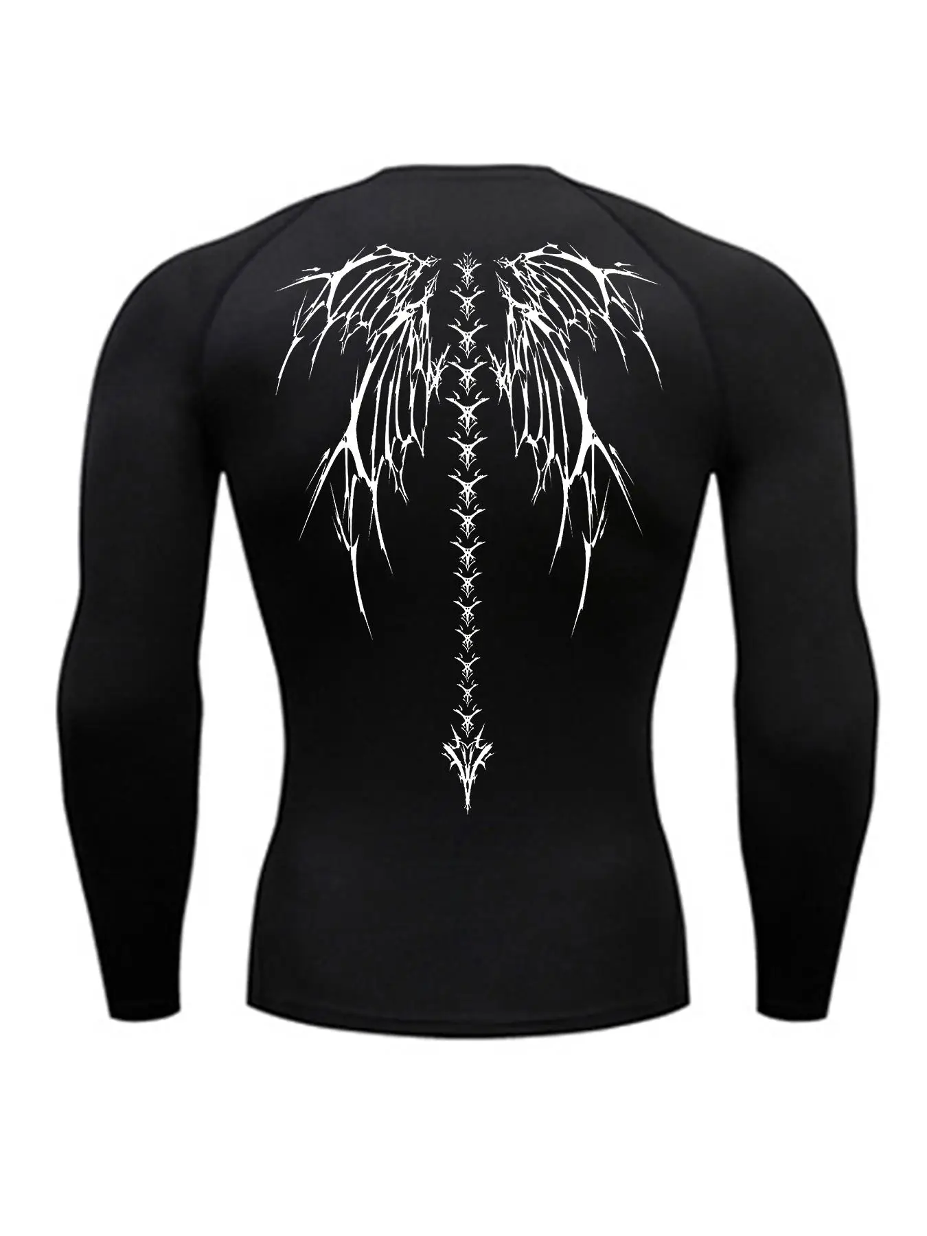 Men's Skeleton Wing Print Long Sleeve Sports Tee, Quick Drying Breathable Crew Neck T-Shirt, Sport & Outdoor Clothing for Gym Workout Running